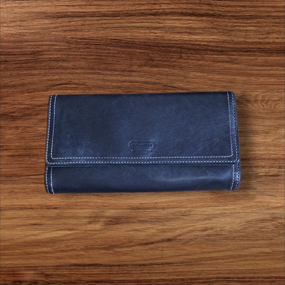 Vintage Coach Black Leather Trifold Wallet Fold  Coin Zip